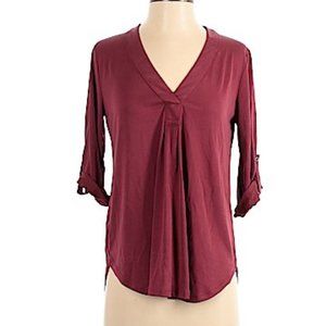 Lush Split Neck Roll Sleeve Tunic Blouse